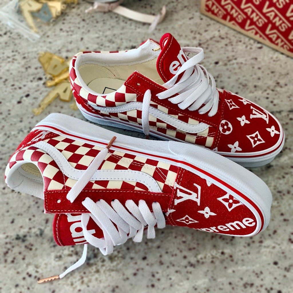 red and white shoes
